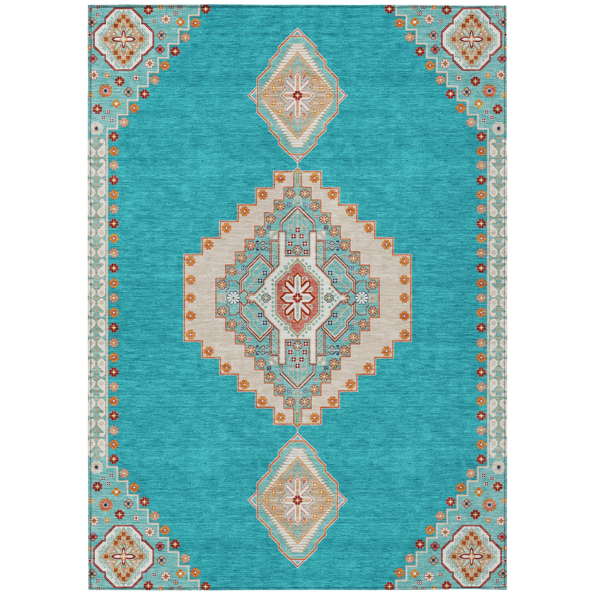 9' X 12' Teal Blue Brown And Ivory Oriental Washable Indoor Outdoor Area Rug-1