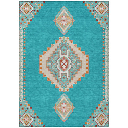 9' X 12' Teal Blue Brown And Ivory Oriental Washable Indoor Outdoor Area Rug-1