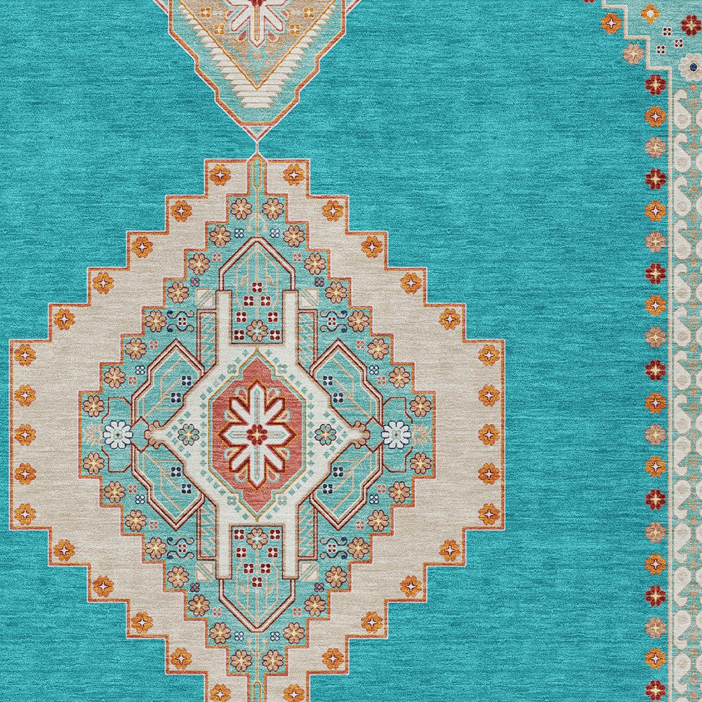 9' X 12' Teal Blue Brown And Ivory Oriental Washable Indoor Outdoor Area Rug-4