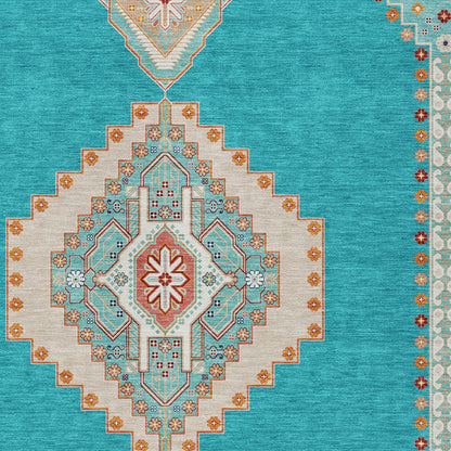 9' X 12' Teal Blue Brown And Ivory Oriental Washable Indoor Outdoor Area Rug-4