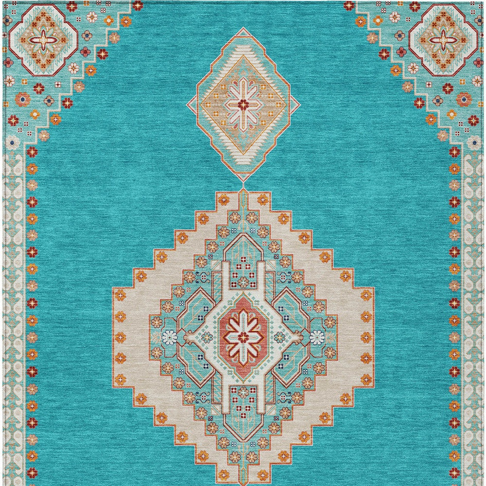 9' X 12' Teal Blue Brown And Ivory Oriental Washable Indoor Outdoor Area Rug-6