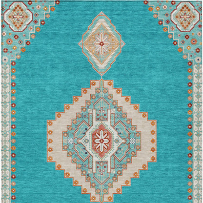 9' X 12' Teal Blue Brown And Ivory Oriental Washable Indoor Outdoor Area Rug-6