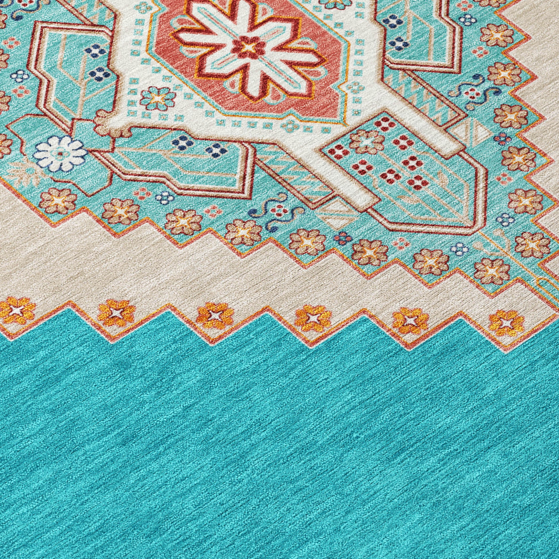 9' X 12' Teal Blue Brown And Ivory Oriental Washable Indoor Outdoor Area Rug-5