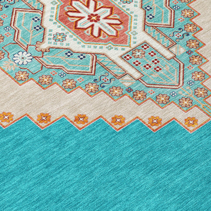 9' X 12' Teal Blue Brown And Ivory Oriental Washable Indoor Outdoor Area Rug-5