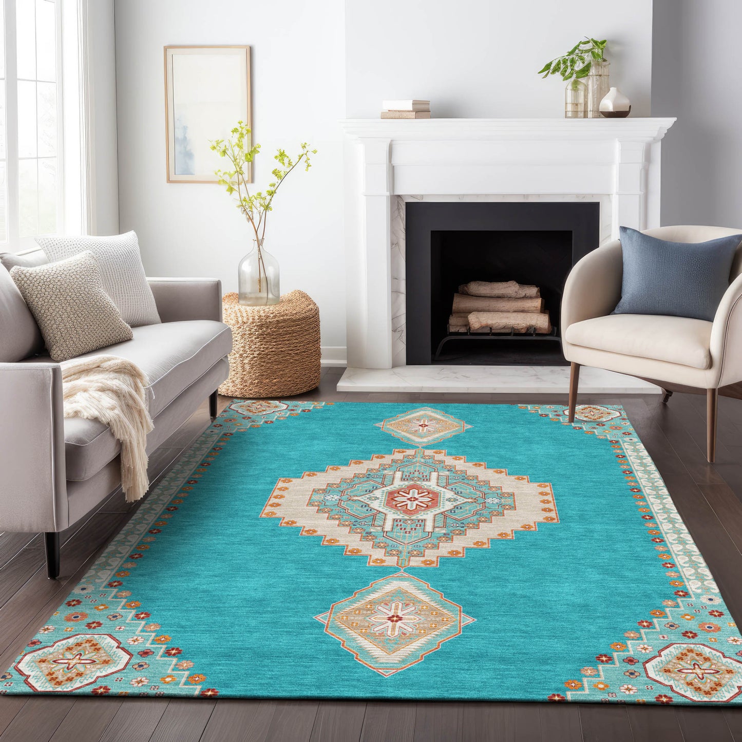 9' X 12' Teal Blue Brown And Ivory Oriental Washable Indoor Outdoor Area Rug-8