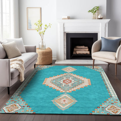 9' X 12' Teal Blue Brown And Ivory Oriental Washable Indoor Outdoor Area Rug-8