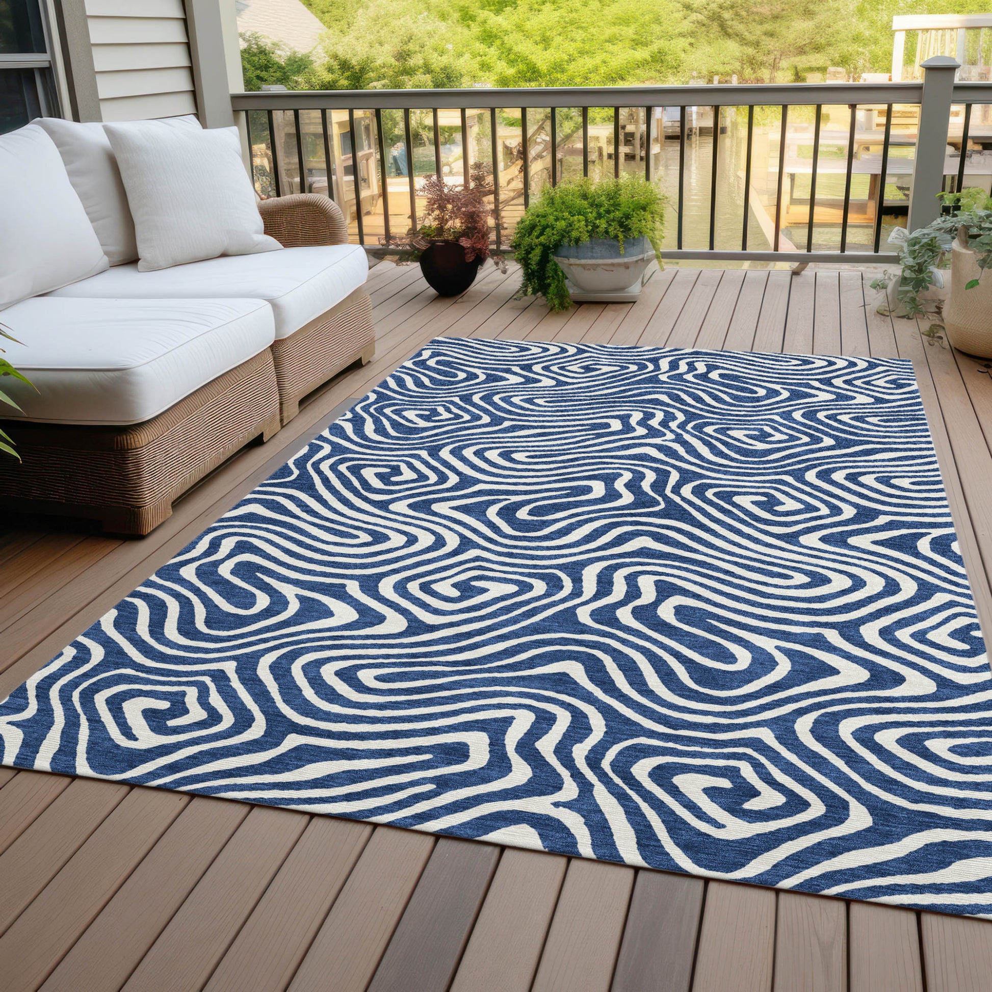 10' X 14' Navy Blue And Ivory Abstract Washable Indoor Outdoor Area Rug-6