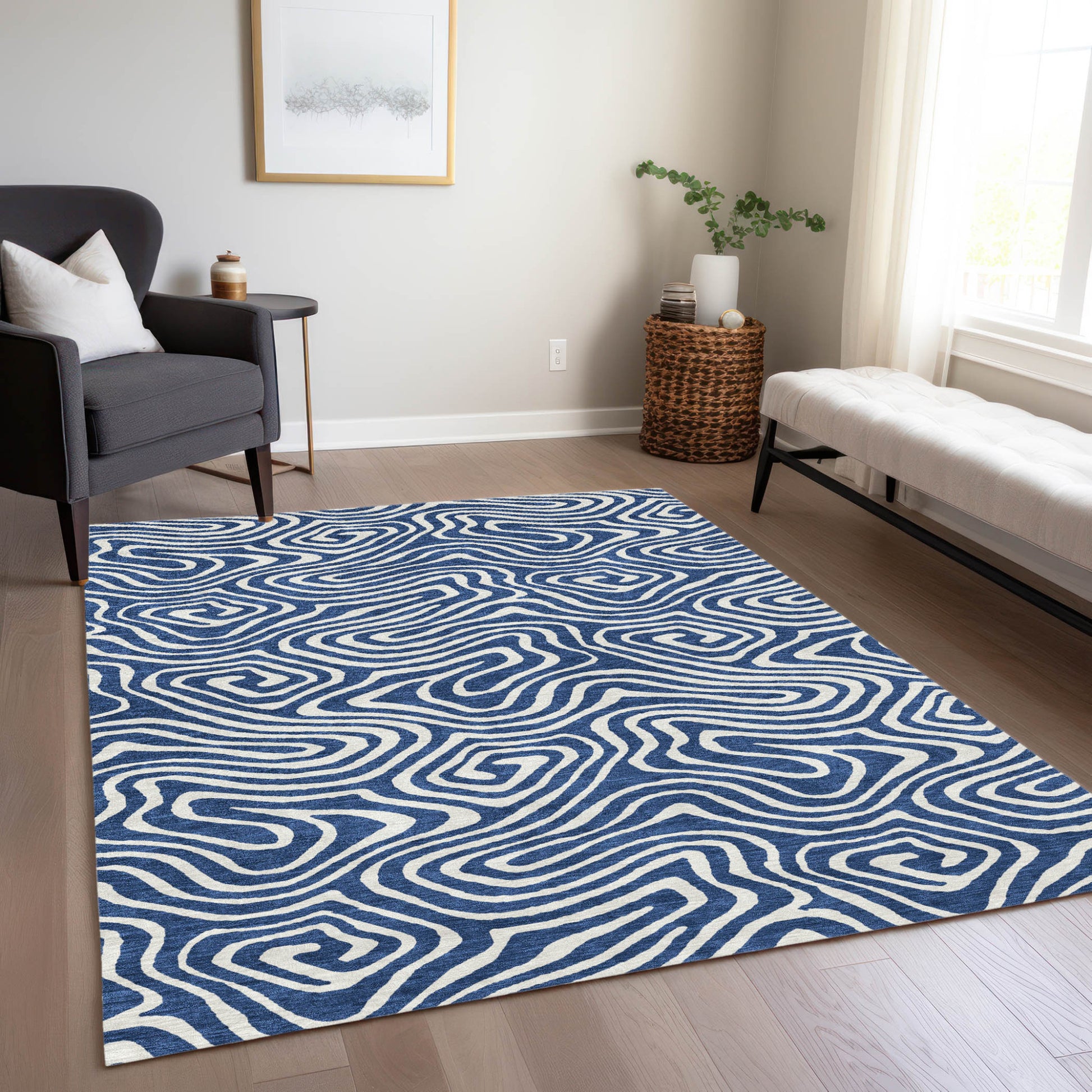 10' X 14' Navy Blue And Ivory Abstract Washable Indoor Outdoor Area Rug-7