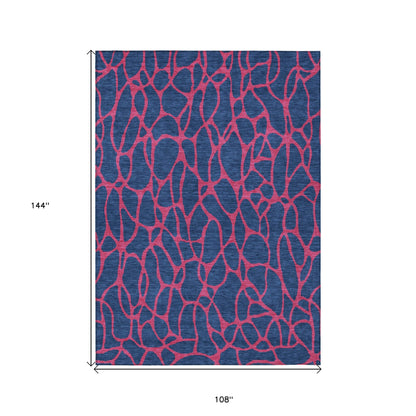 9' X 12' Navy Blue And Dark Pink Geometric Washable Indoor Outdoor Area Rug-2