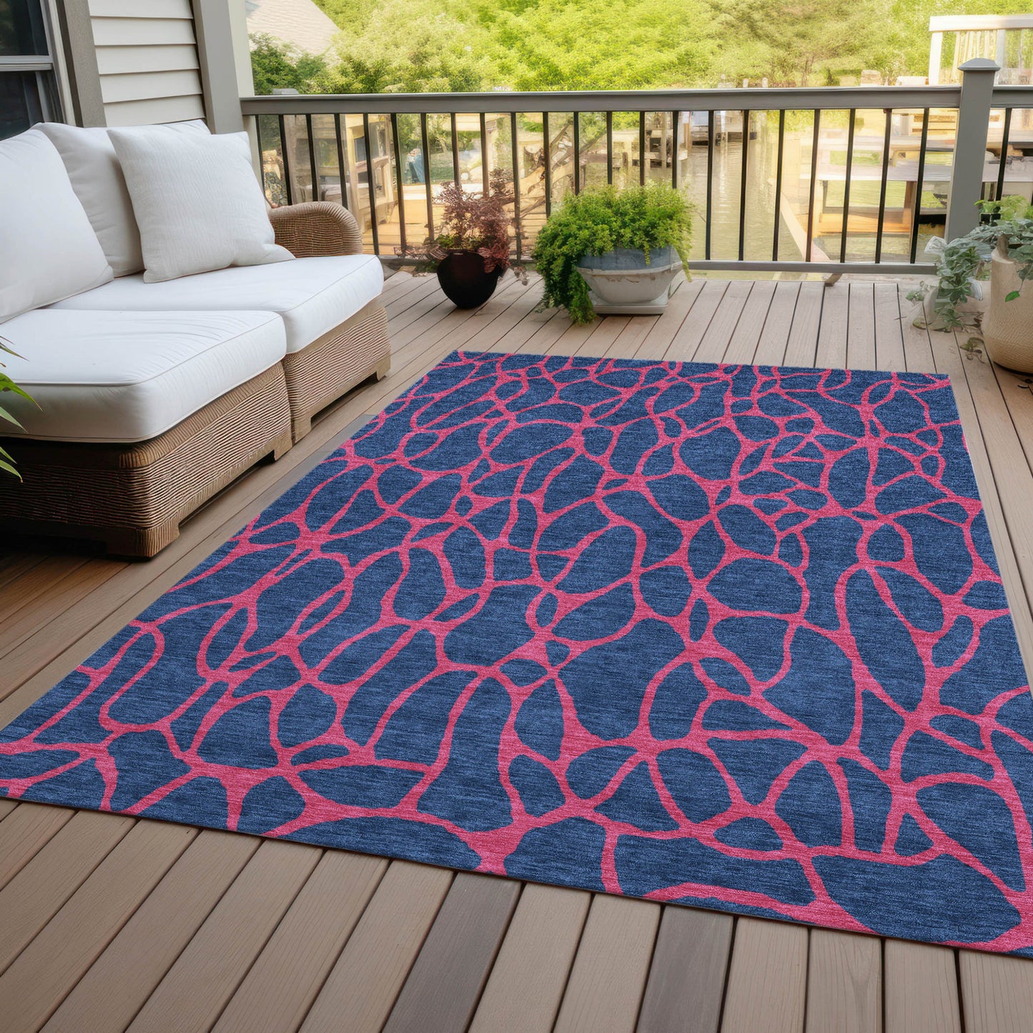9' X 12' Navy Blue And Dark Pink Geometric Washable Indoor Outdoor Area Rug-7