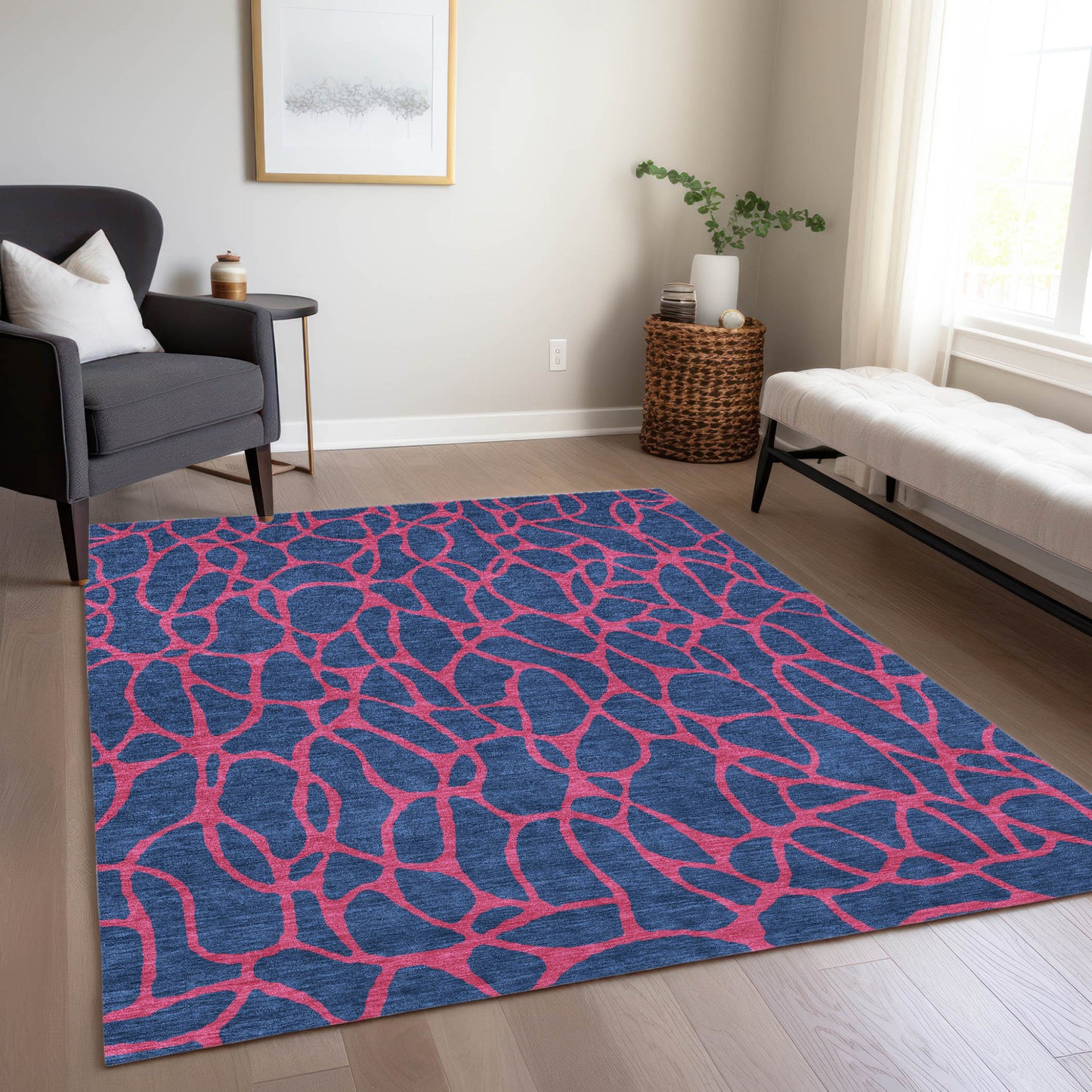 9' X 12' Navy Blue And Dark Pink Geometric Washable Indoor Outdoor Area Rug-8