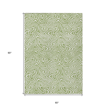 5' X 8' Artichoke Green And Ivory Abstract Washable Indoor Outdoor Area Rug-2
