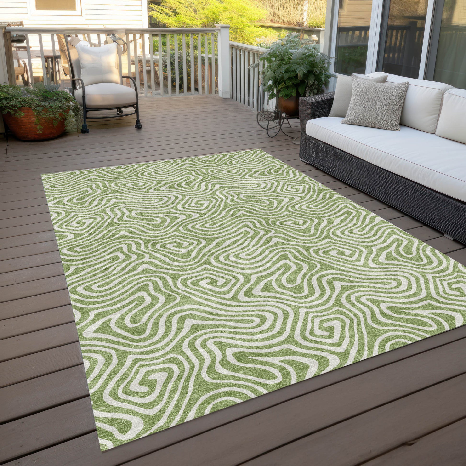 5' X 8' Artichoke Green And Ivory Abstract Washable Indoor Outdoor Area Rug-8