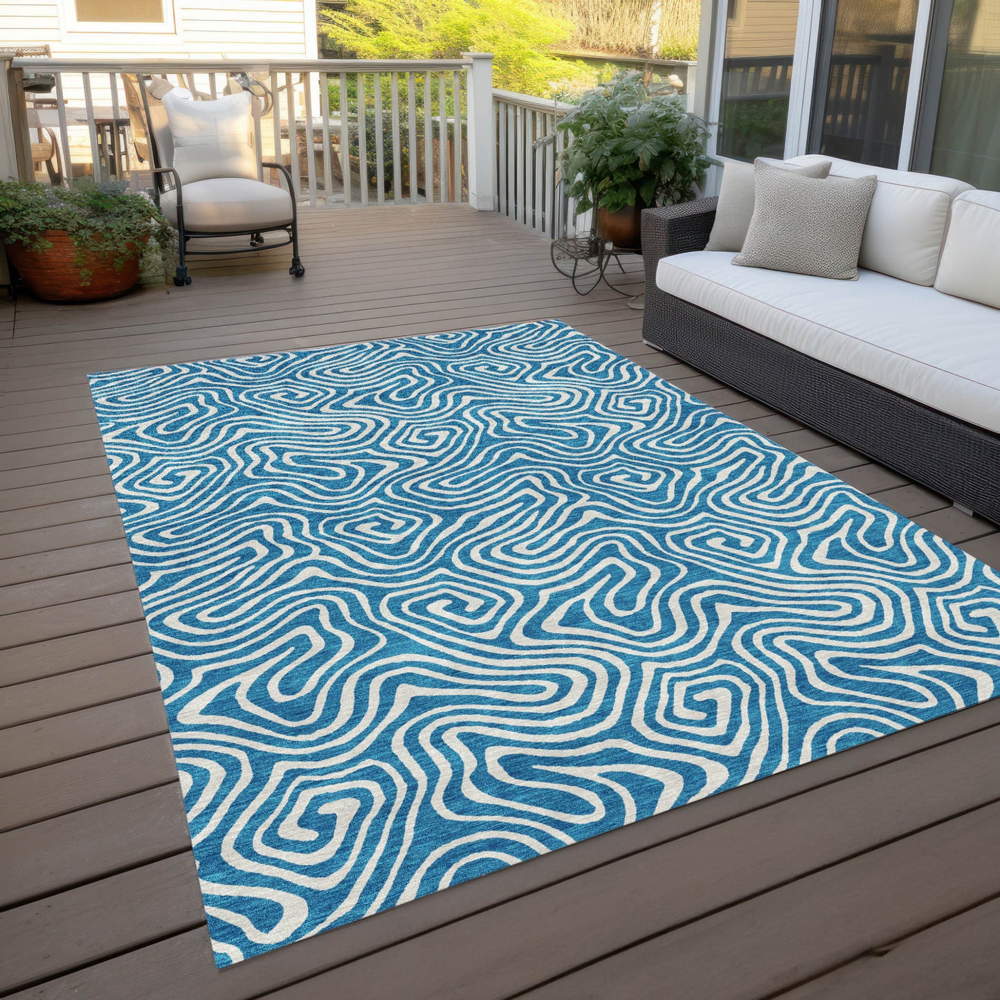 5' X 8' Teal Blue And Ivory Abstract Washable Indoor Outdoor Area Rug-7
