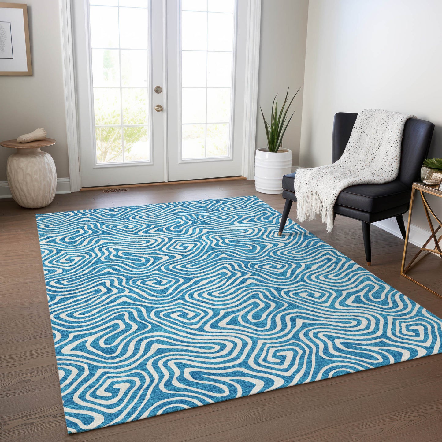 5' X 8' Teal Blue And Ivory Abstract Washable Indoor Outdoor Area Rug-8