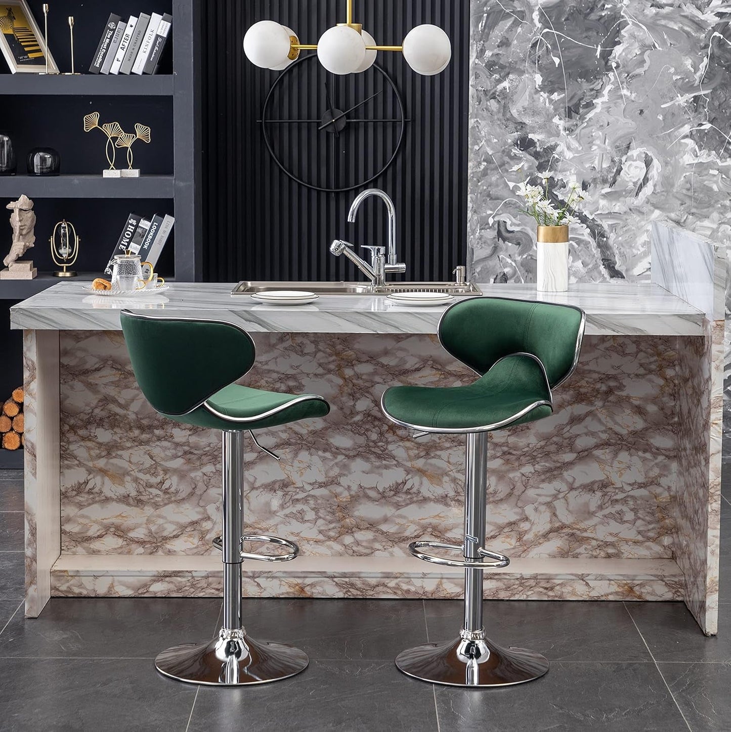 Masaccio Velvet Upholstered Adjustable Swivel Barstool, Set of 2, Green-3