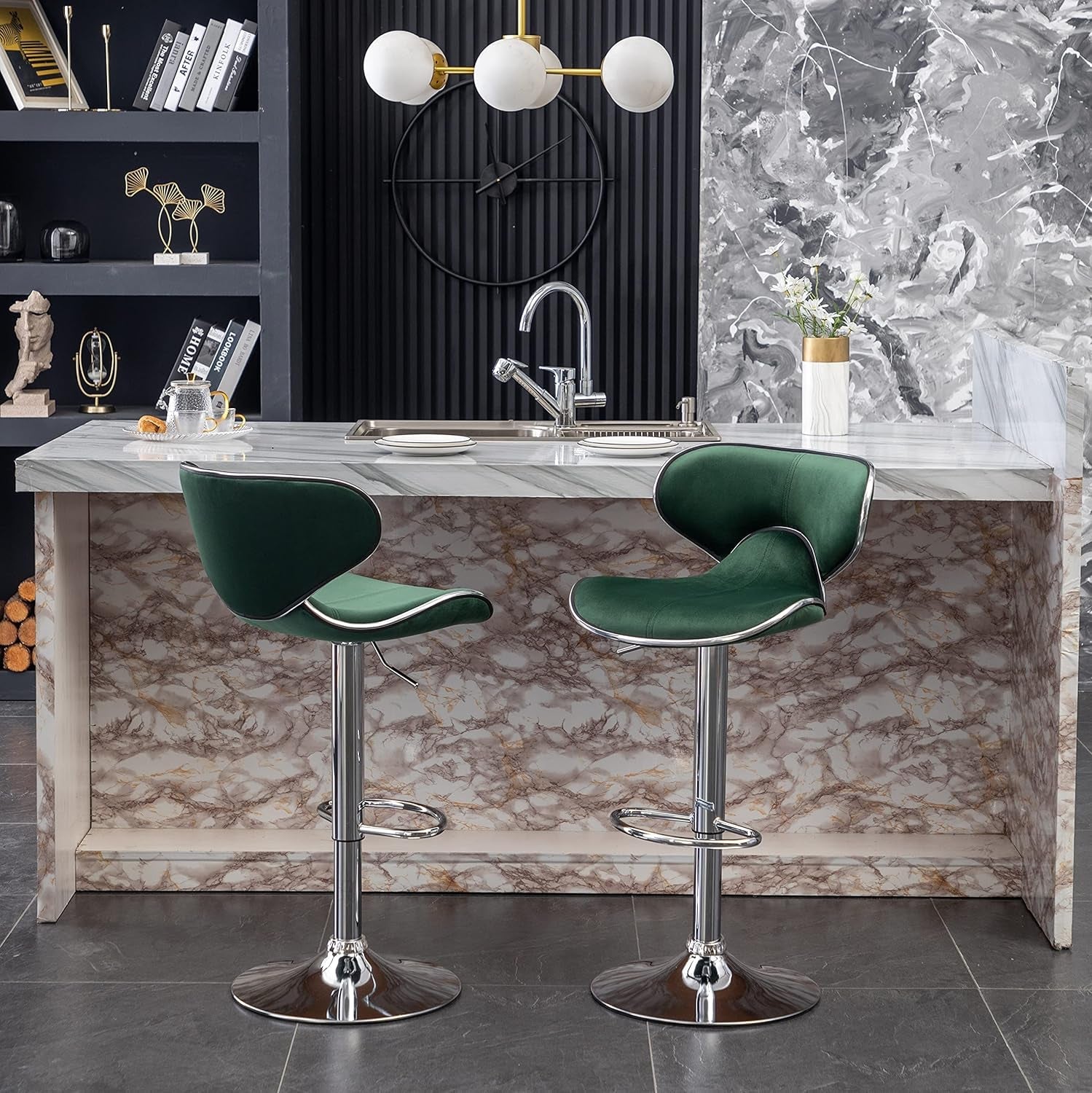 Masaccio Velvet Upholstered Adjustable Swivel Barstool, Set of 2, Green-3