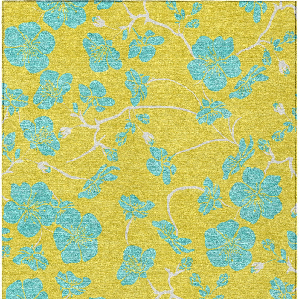 8' X 10' Yellow And Aqua Floral Washable Indoor Outdoor Area Rug-5