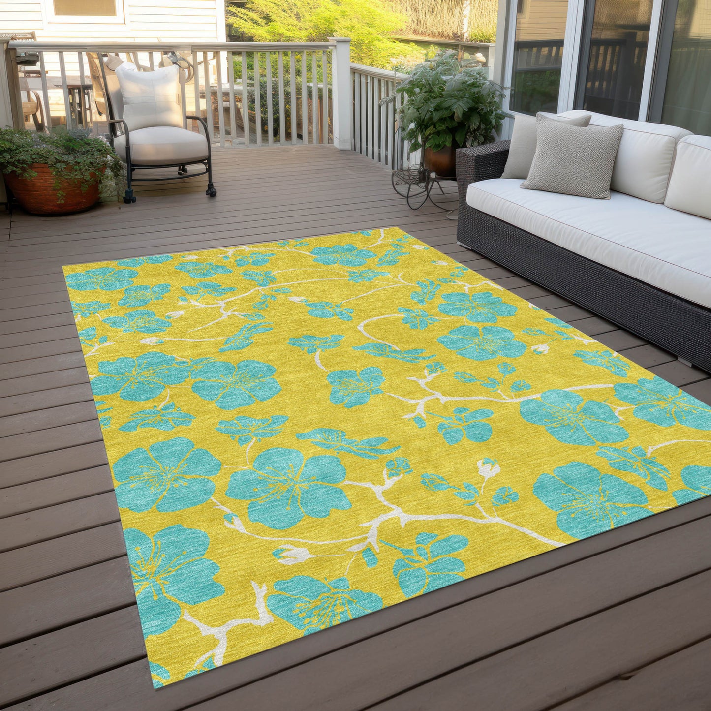 8' X 10' Yellow And Aqua Floral Washable Indoor Outdoor Area Rug-7