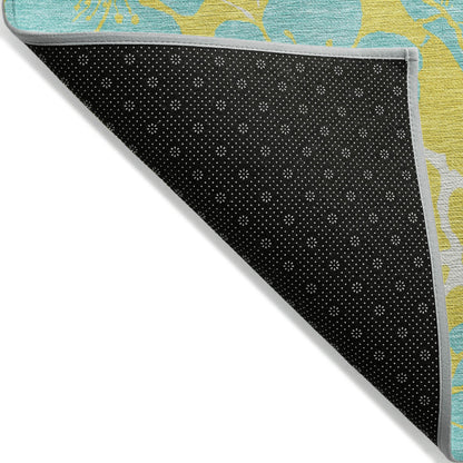 8' X 10' Yellow And Aqua Floral Washable Indoor Outdoor Area Rug-1