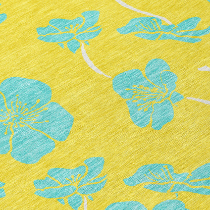8' X 10' Yellow And Aqua Floral Washable Indoor Outdoor Area Rug-3