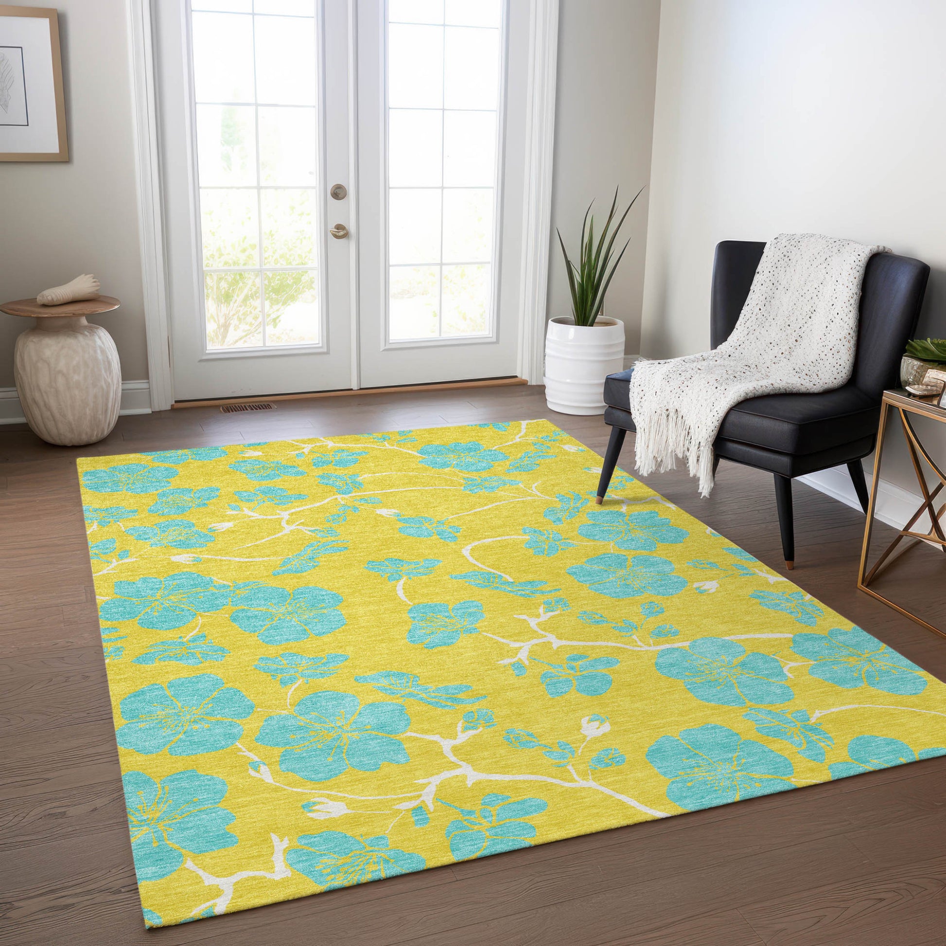 8' X 10' Yellow And Aqua Floral Washable Indoor Outdoor Area Rug-8