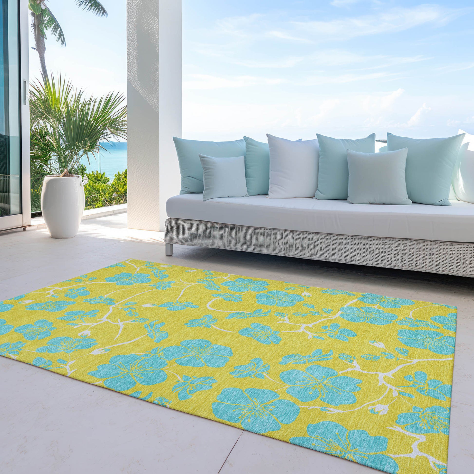 8' X 10' Yellow And Aqua Floral Washable Indoor Outdoor Area Rug-6
