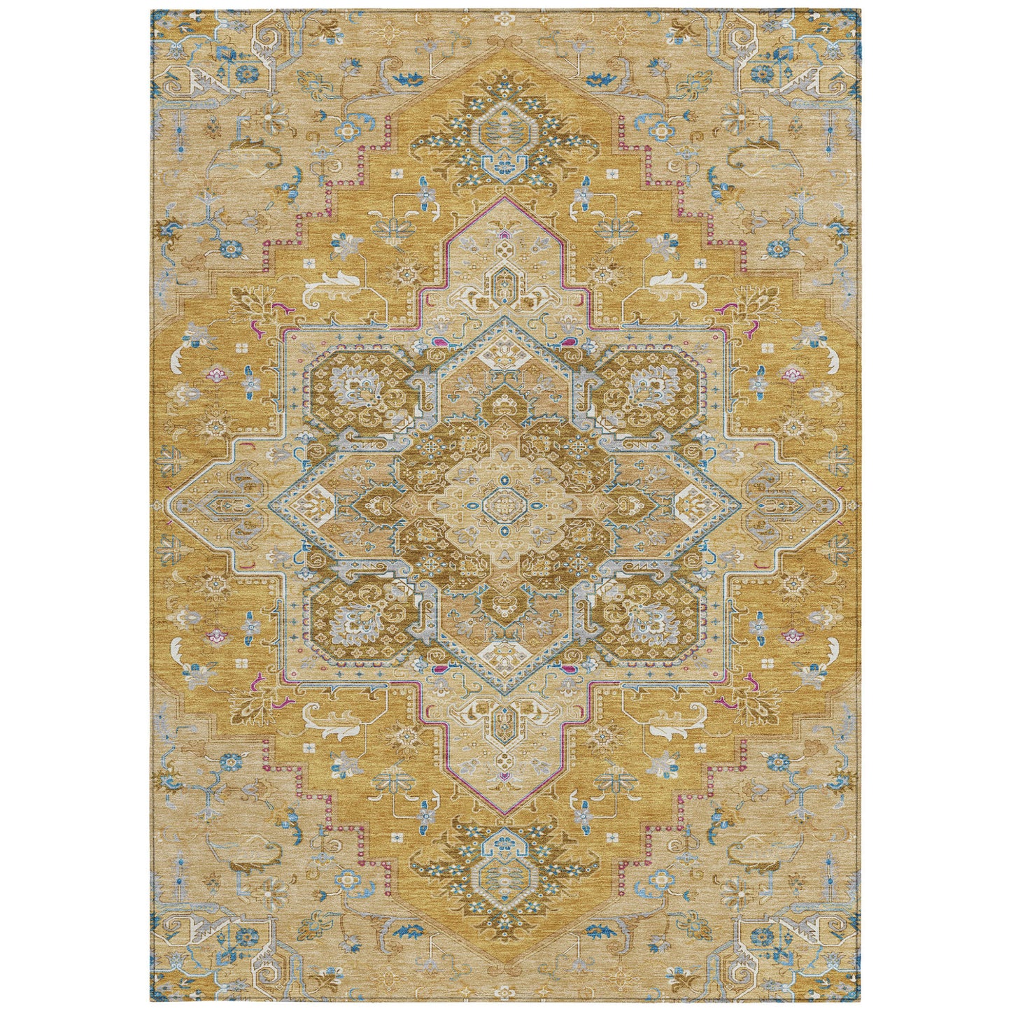 9' X 12' Gold Beige And Blue Oriental Washable Indoor Outdoor Area Rug-7