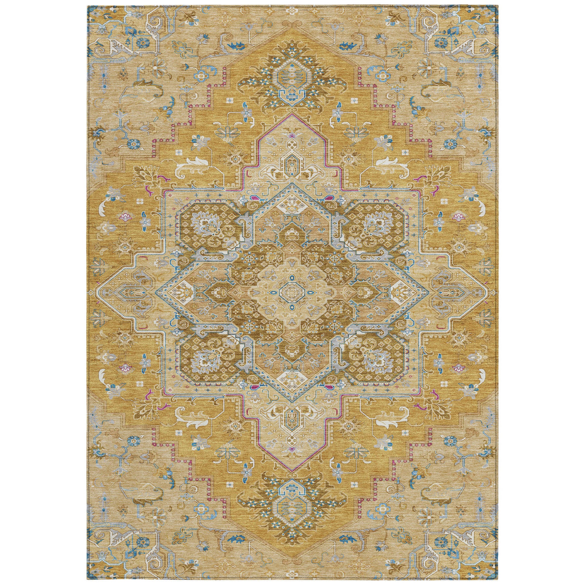 9' X 12' Gold Beige And Blue Oriental Washable Indoor Outdoor Area Rug-7