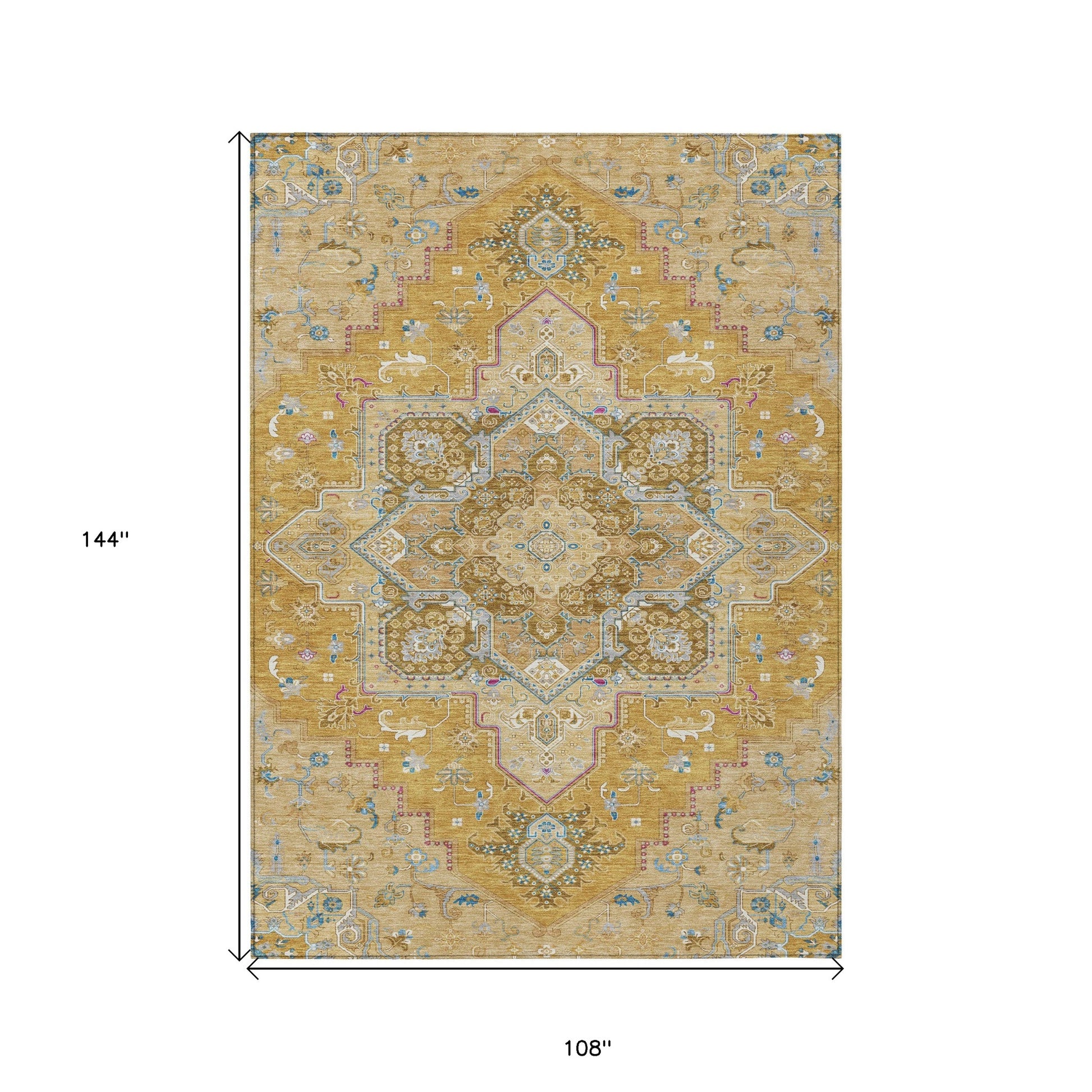 9' X 12' Gold Beige And Blue Oriental Washable Indoor Outdoor Area Rug-2