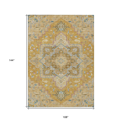 9' X 12' Gold Beige And Blue Oriental Washable Indoor Outdoor Area Rug-2