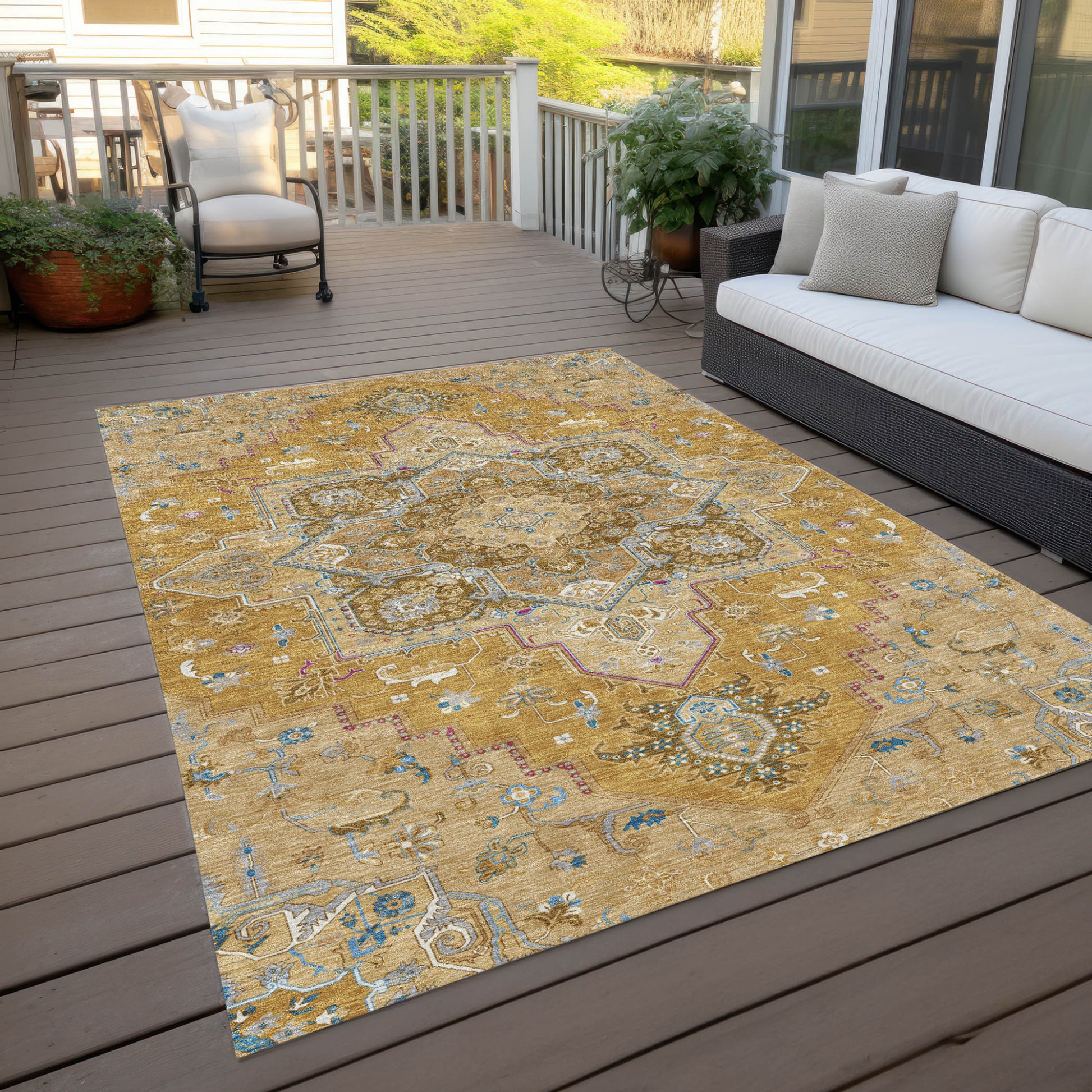 9' X 12' Gold Beige And Blue Oriental Washable Indoor Outdoor Area Rug-8