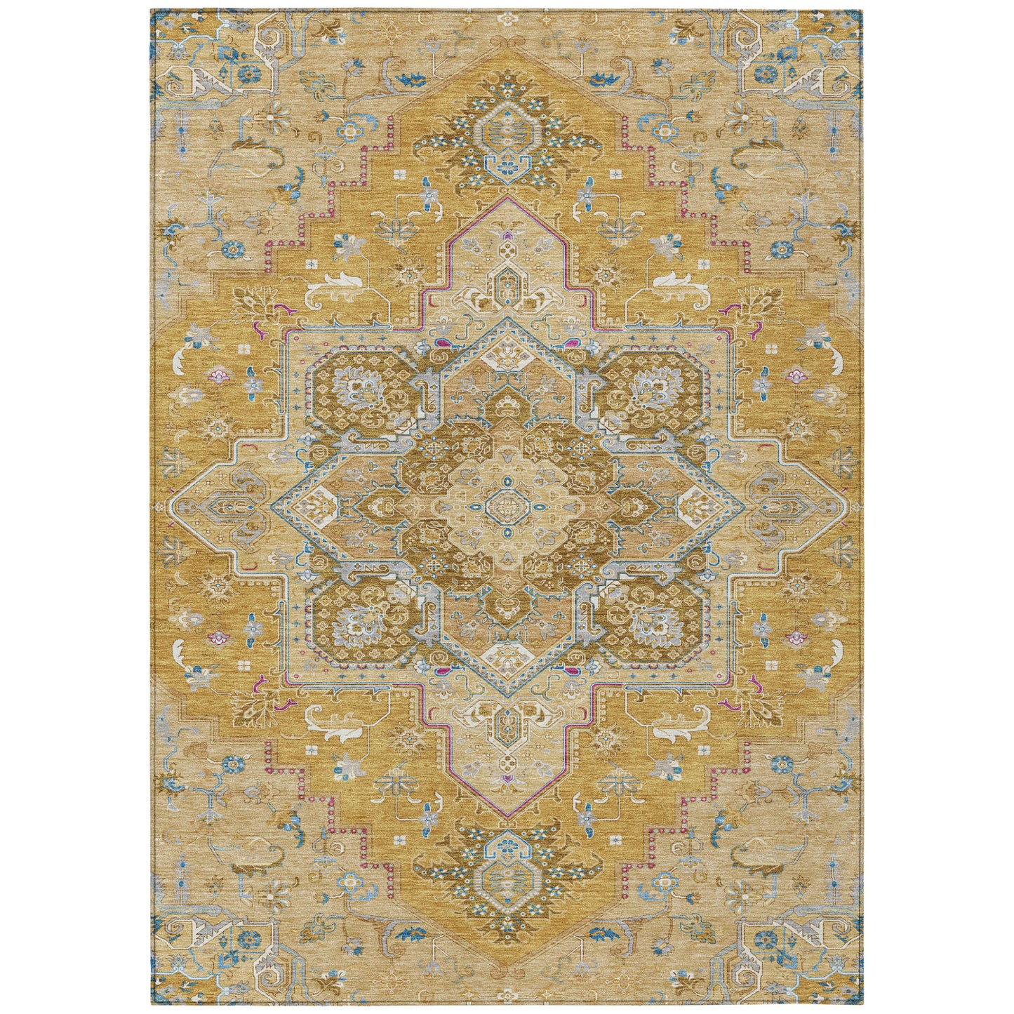 9' X 12' Gold Beige And Blue Oriental Washable Indoor Outdoor Area Rug-1