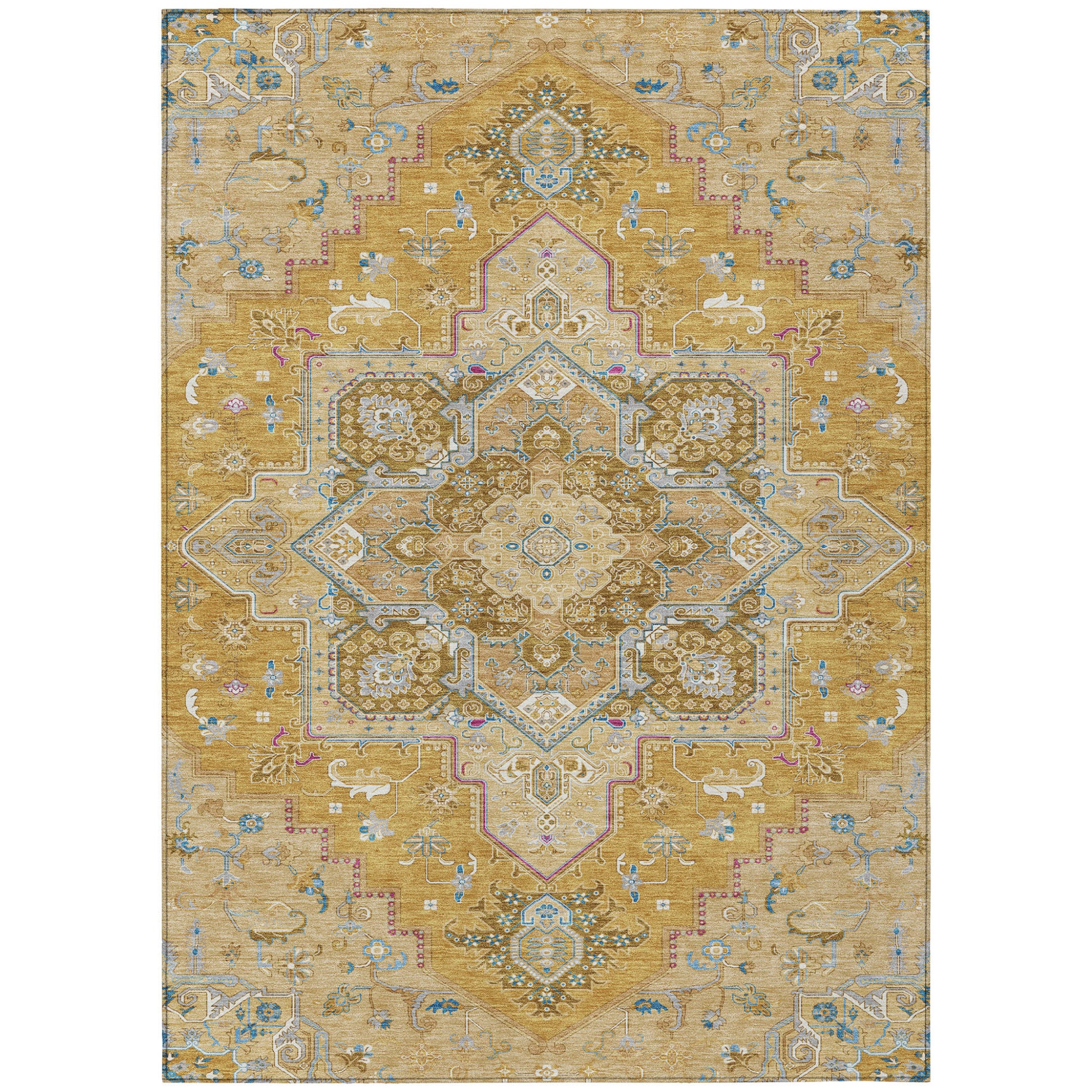 9' X 12' Gold Beige And Blue Oriental Washable Indoor Outdoor Area Rug-1