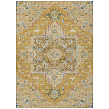 9' X 12' Gold Beige And Blue Oriental Washable Indoor Outdoor Area Rug-1