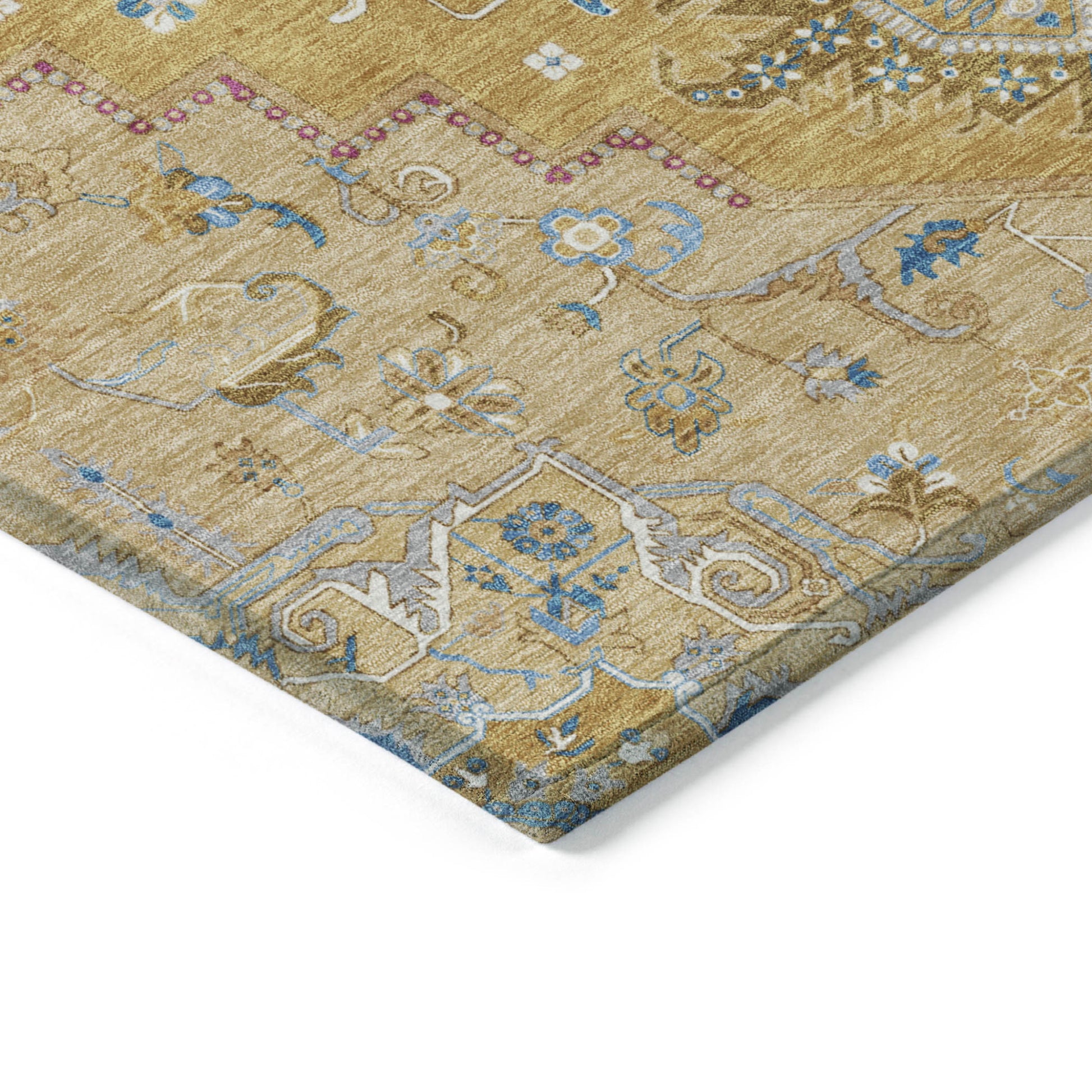 9' X 12' Gold Beige And Blue Oriental Washable Indoor Outdoor Area Rug-3