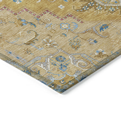 9' X 12' Gold Beige And Blue Oriental Washable Indoor Outdoor Area Rug-3