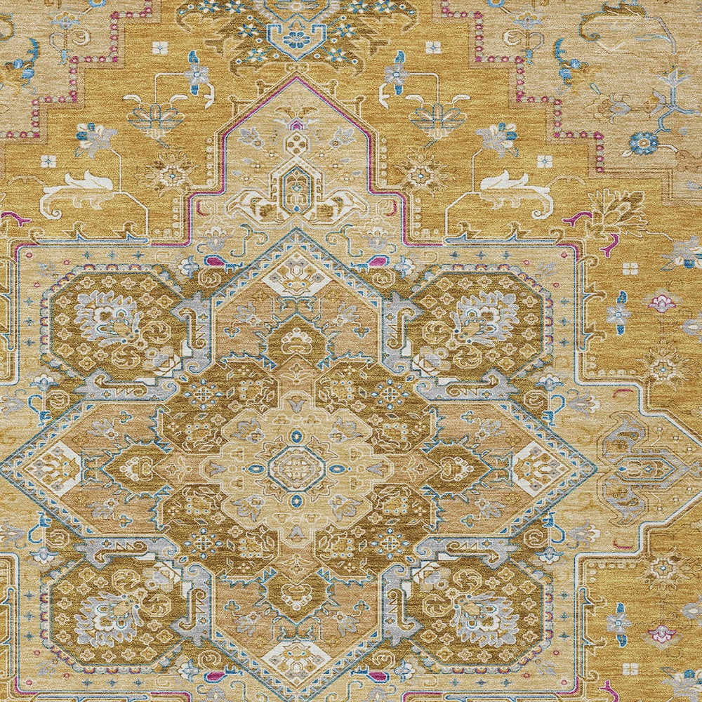 9' X 12' Gold Beige And Blue Oriental Washable Indoor Outdoor Area Rug-6