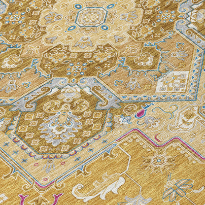 9' X 12' Gold Beige And Blue Oriental Washable Indoor Outdoor Area Rug-4