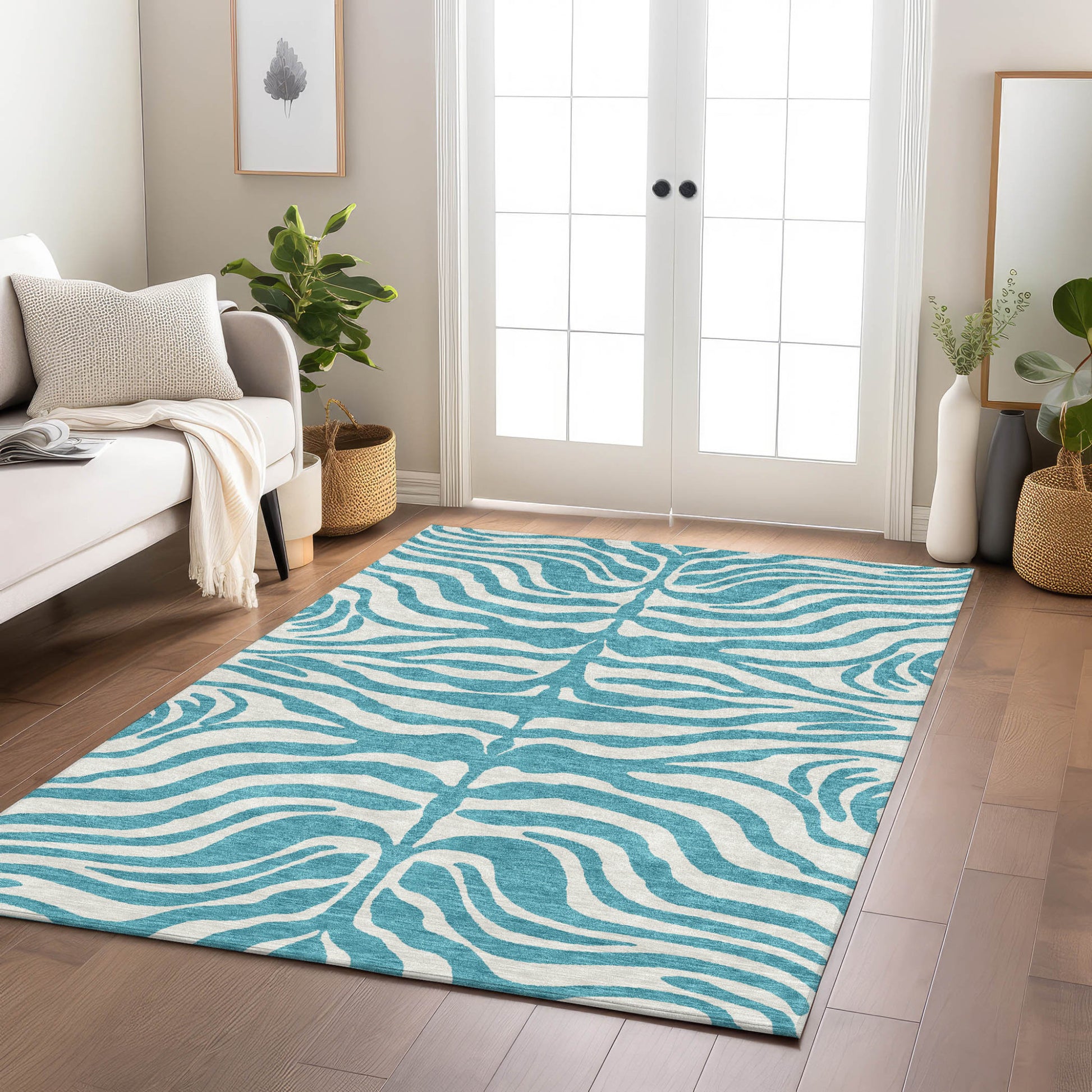 10' X 14' Teal Blue And Ivory Animal Print Washable Indoor Outdoor Area Rug-8