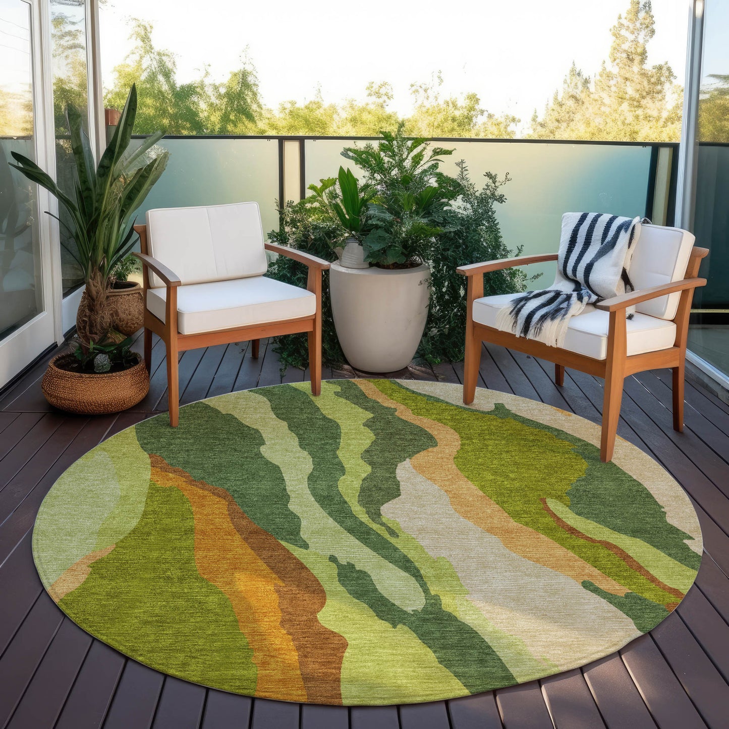 8' Green Beige And Copper Round Abstract Washable Indoor Outdoor Area Rug-6
