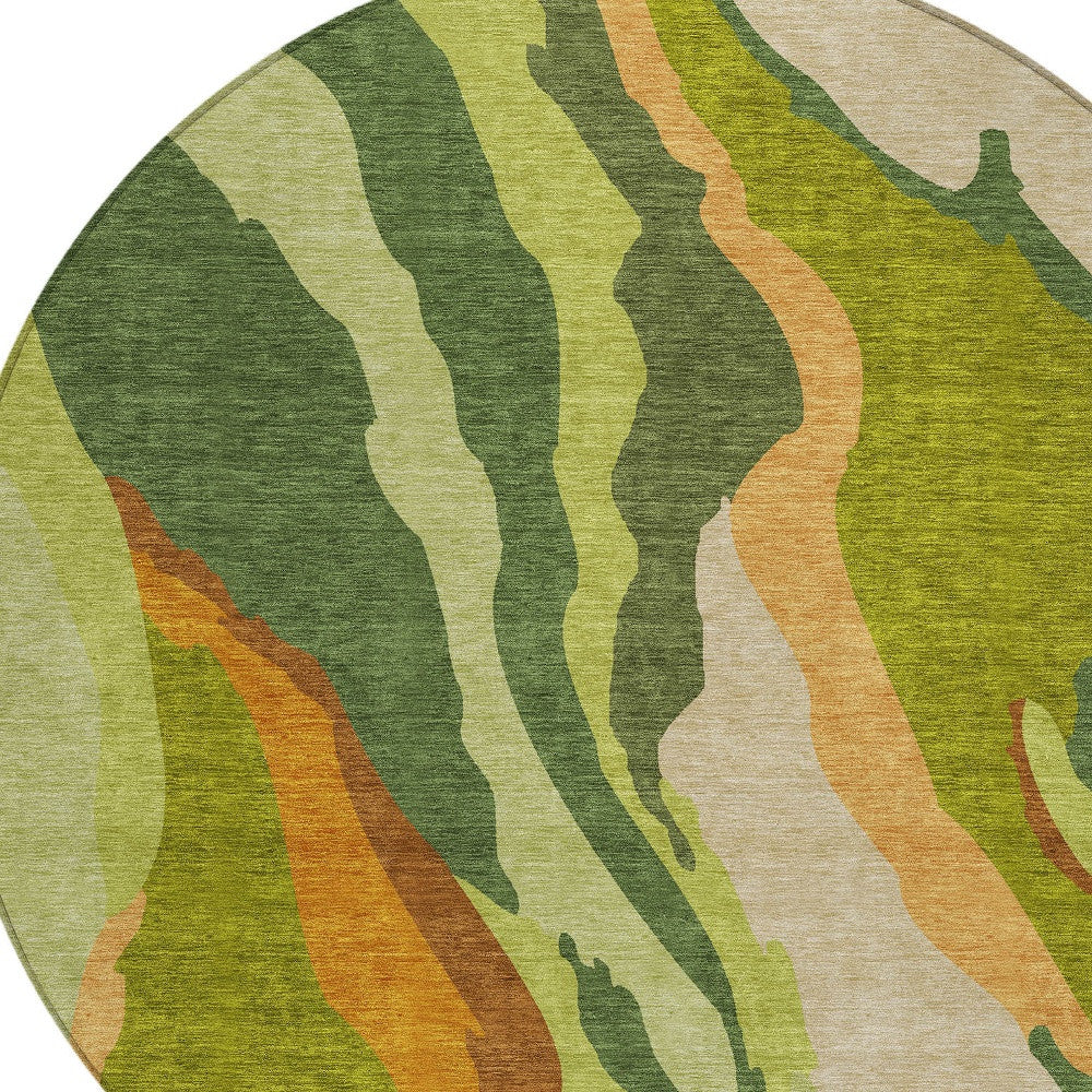 8' Green Beige And Copper Round Abstract Washable Indoor Outdoor Area Rug-4