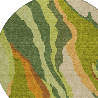 8' Green Beige And Copper Round Abstract Washable Indoor Outdoor Area Rug-4