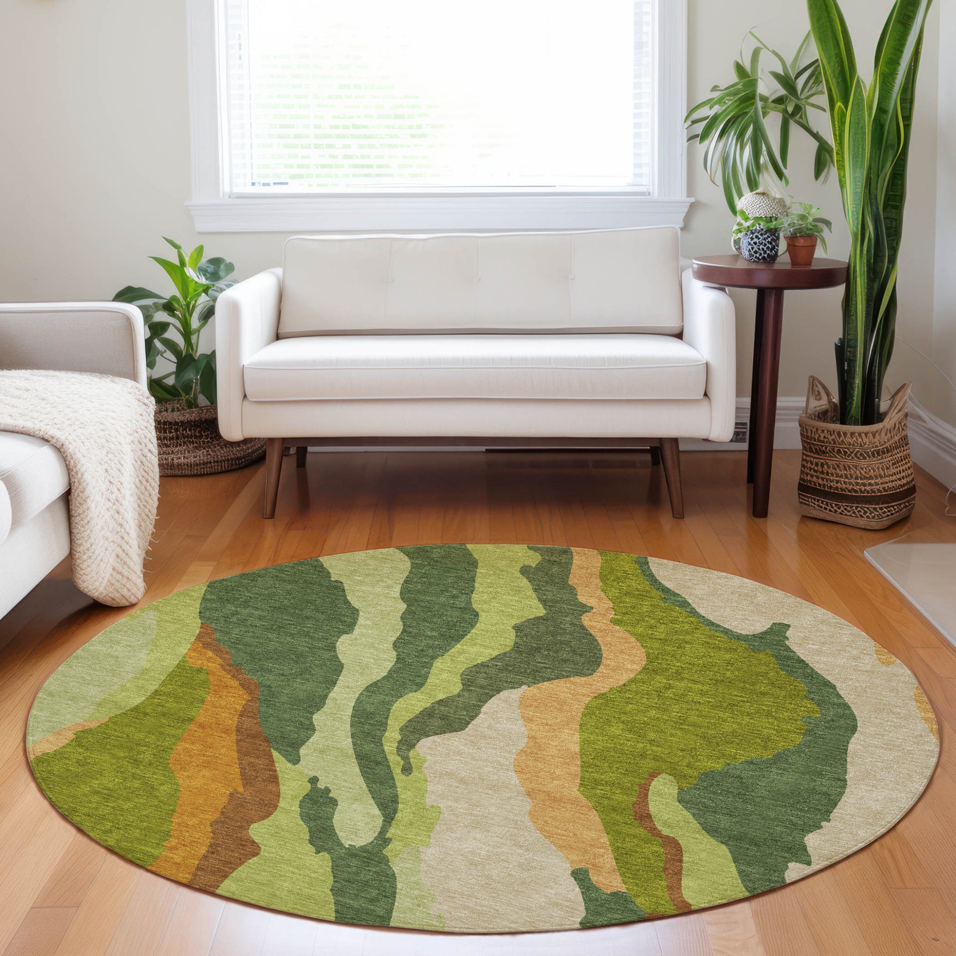 8' Green Beige And Copper Round Abstract Washable Indoor Outdoor Area Rug-7