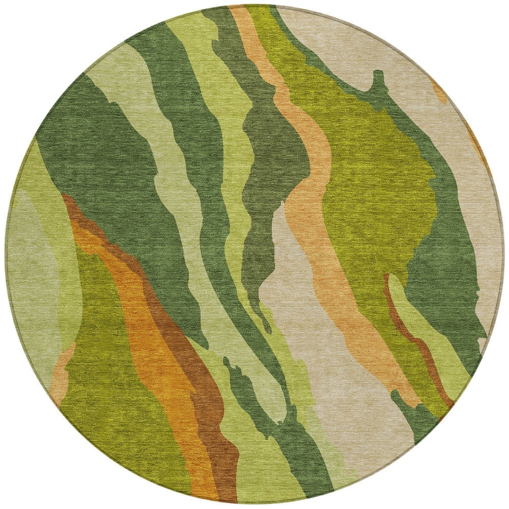 8' Green Beige And Copper Round Abstract Washable Indoor Outdoor Area Rug-5