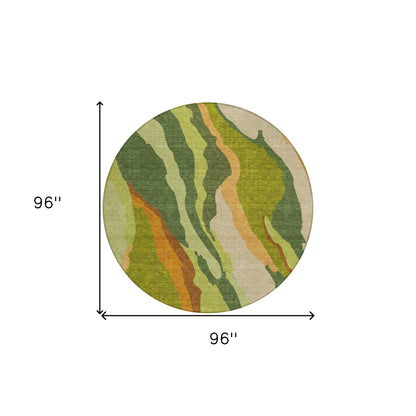 8' Green Beige And Copper Round Abstract Washable Indoor Outdoor Area Rug-8