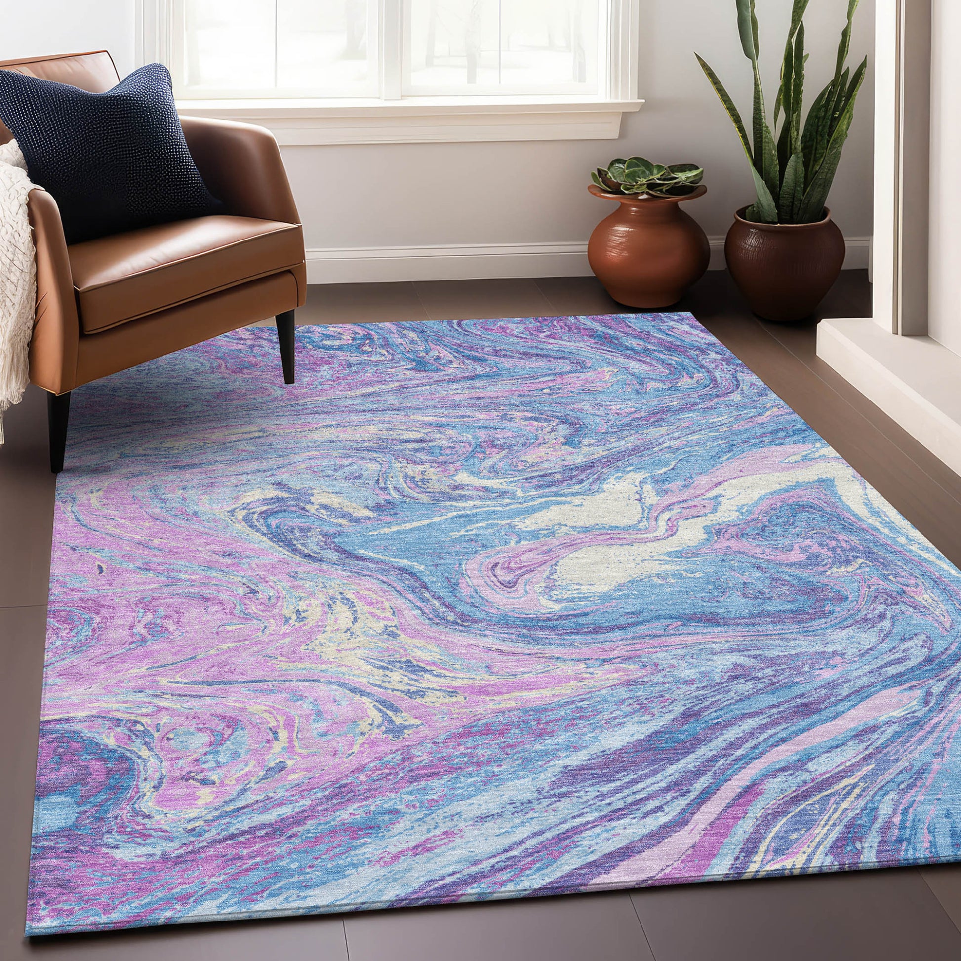 8' X 10' Sky Blue Lavender And Ivory Abstract Washable Indoor Outdoor Area Rug-8