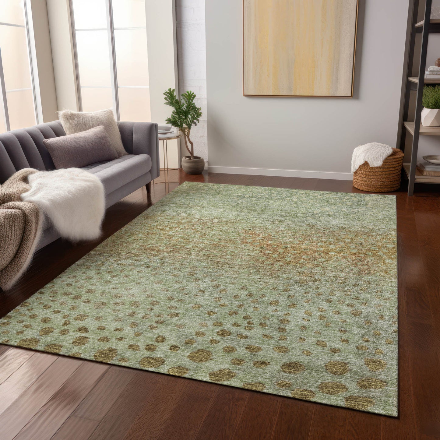 8' X 10' Artichoke Green Ivory And Brown Abstract Washable Indoor Outdoor Area Rug-8