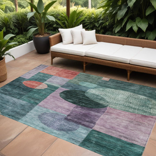 9' X 12' Green Copper And Purple Geometric Washable Indoor Outdoor Area Rug-0