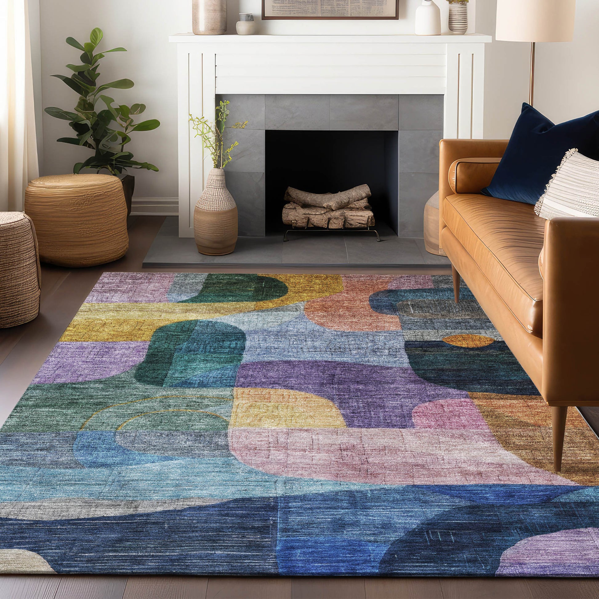 5' X 8' Blue Purple And Green Abstract Washable Indoor Outdoor Area Rug-8